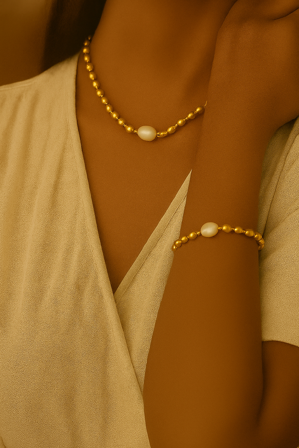 Golden Embrace – Pearl Charm Necklace & Bracelet Set