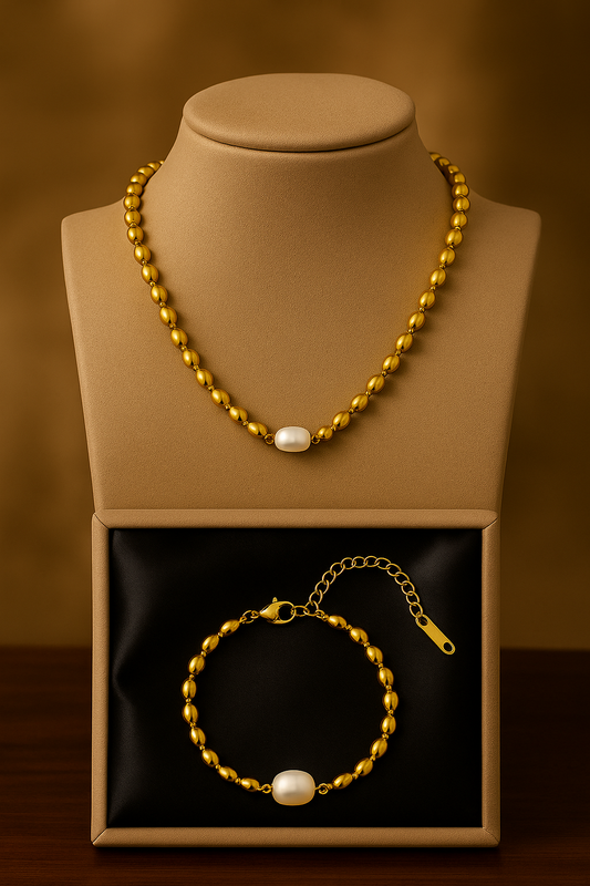 Golden Embrace – Pearl Charm Necklace & Bracelet Set